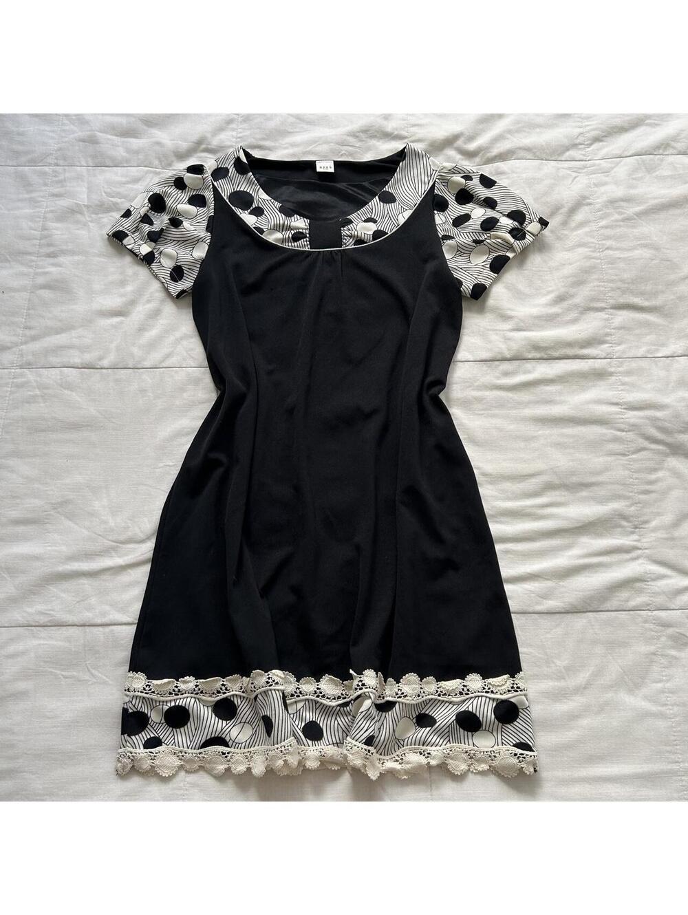 Axes Femme Black Polka Dot Lace Trim Dress Size M
